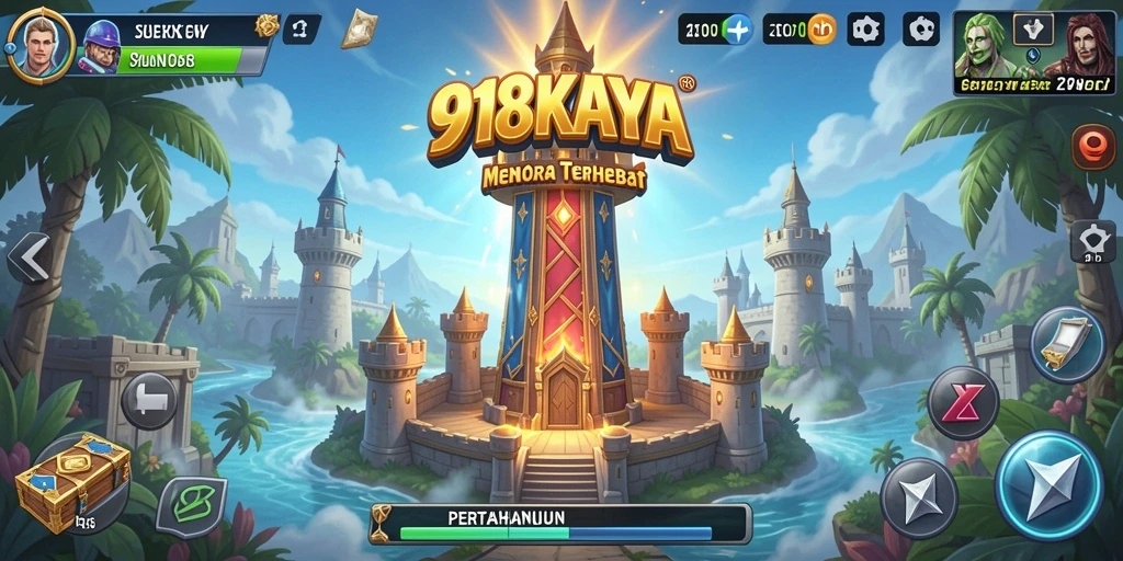 Tampilan gameplay <strong>918KAYA</strong> yang menegangkan di medan pertempuran Tower Defense.