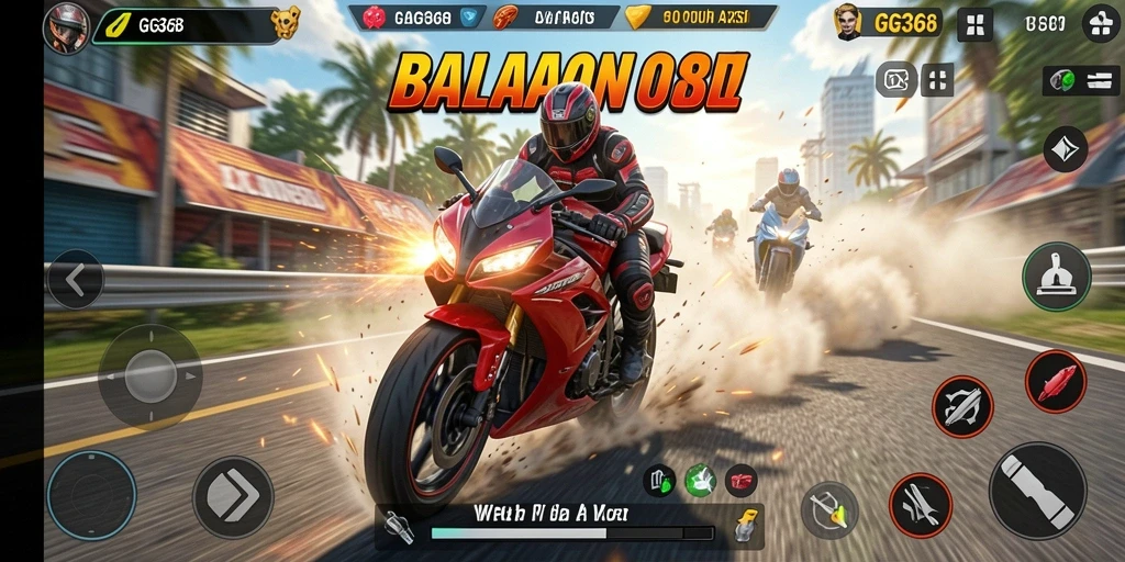 Screenshot GG368 menampilkan aksi balapan motor yang penuh kecepatan.