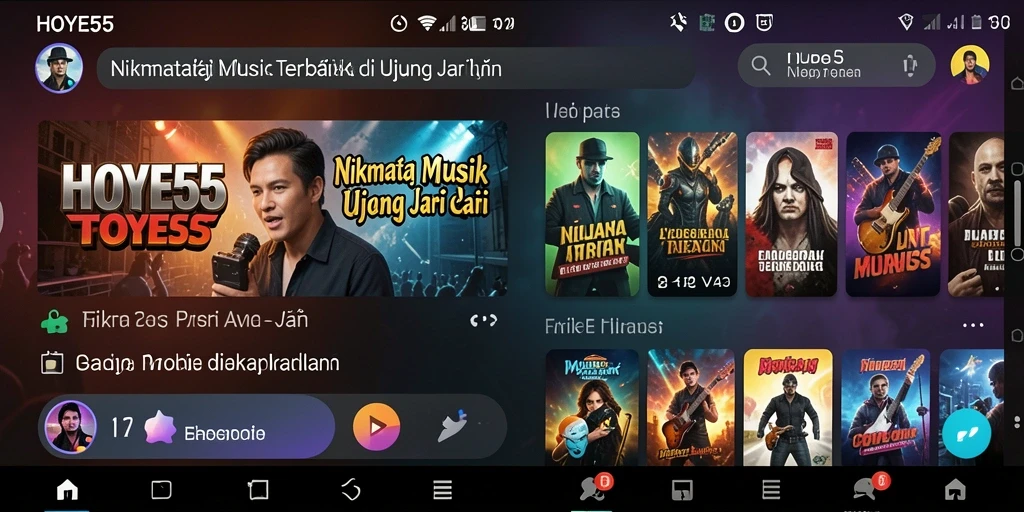 Tampilan utama HOYE55 dengan beragam pilihan lagu dan fitur menarik.