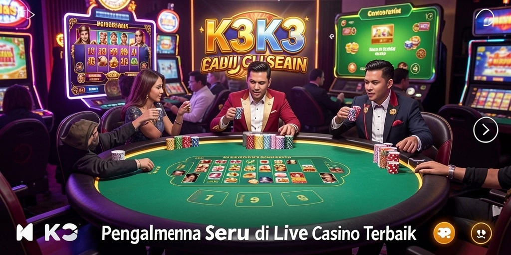 Screenshot K3K3 menampilkan dealer langsung dalam suasana permainan kasino.