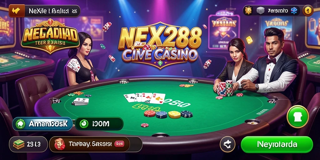 Screenshot utama NEX288 menampilkan dealer profesional dan gameplay Live Casino yang menarik.