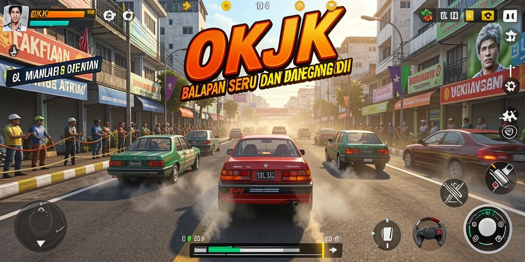 Screenshot OKJK menampilkan balapan seru di lingkungan yang menakjubkan.