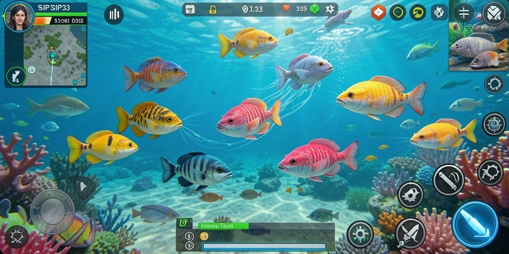 Tampak gameplay seru dalam SIP33 dengan berbagai ikan yang menanti untuk ditembak.
