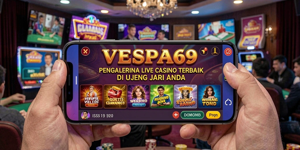 Screenshot VESPA69 menunjukkan dealer cantik dan permainan Live Casino yang seru.